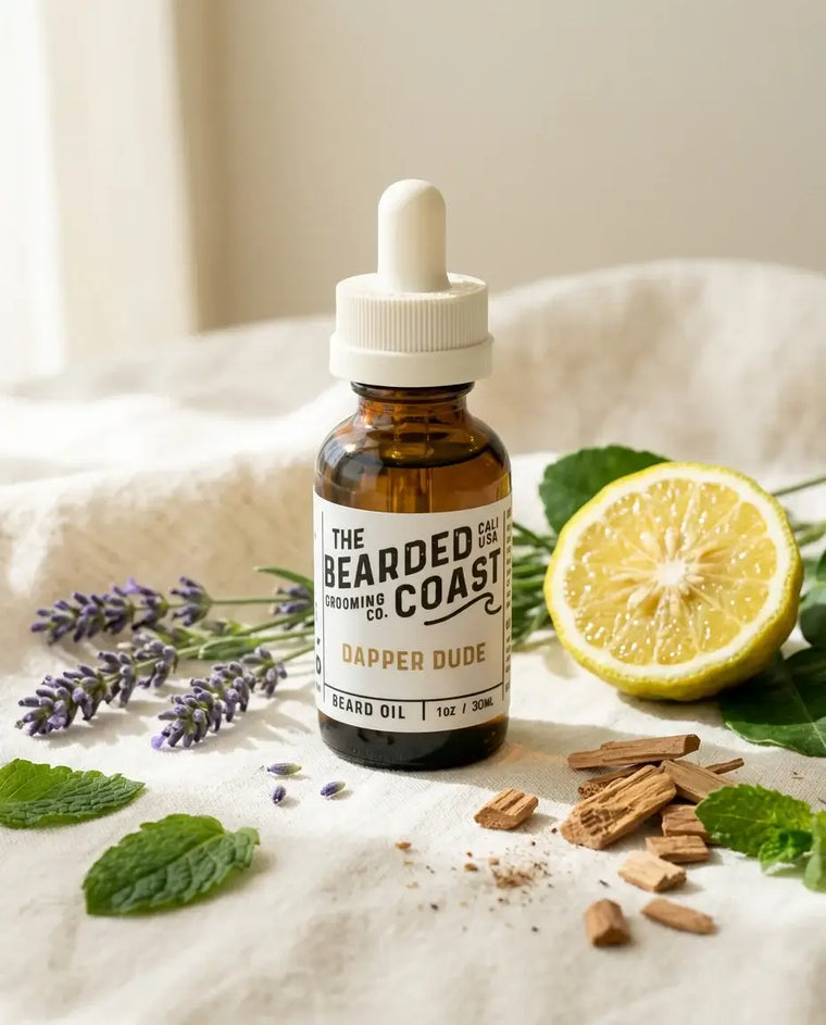 Amber dropper bottle of Bearded Coast Grooming Co. Dapper Dude Beard Oil, 1oz/30ml, on a cream linen cloth surrounded by fresh lavender sprigs, a halved lemon, mint leaves, and sandalwood chips in soft natural light.