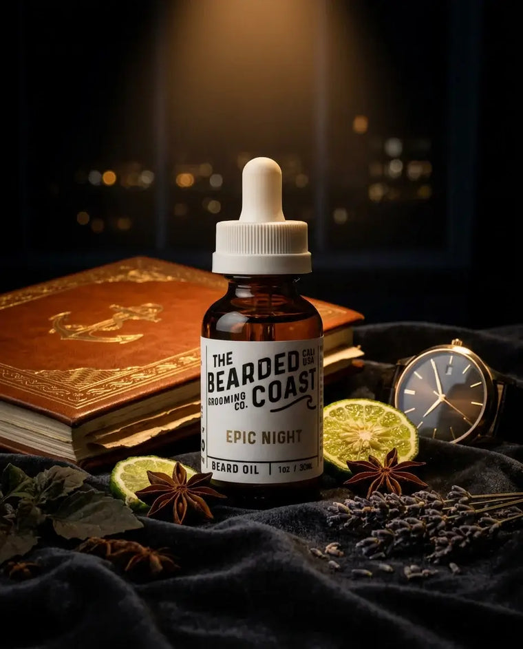 Amber dropper bottle of Bearded Coast Grooming Co. Epic Night Beard Oil, 1oz/30ml, styled on dark charcoal fabric surrounded by dried lavender, star anise, bergamot slices, and fresh herbs, with a leather-bound book, a gold watch, and a blurred city skyline in the background.