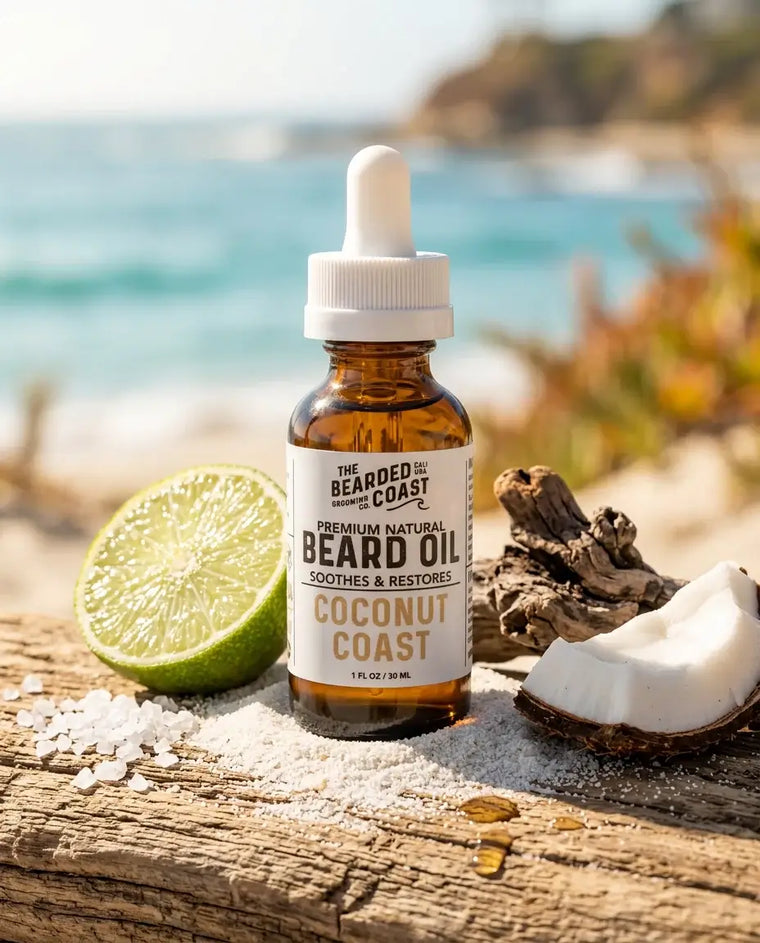Coconut Coast Beard Oil - Toasted Coconut, Driftwood, Sea Salt, Lime bottle on beach with lime and coconut.