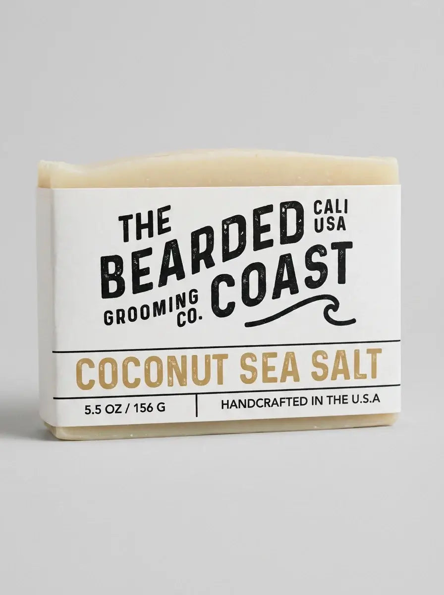 Bar of soap from The Bearded Grooming Co. with 'Coconut Sea Salt' flavor on a gray background