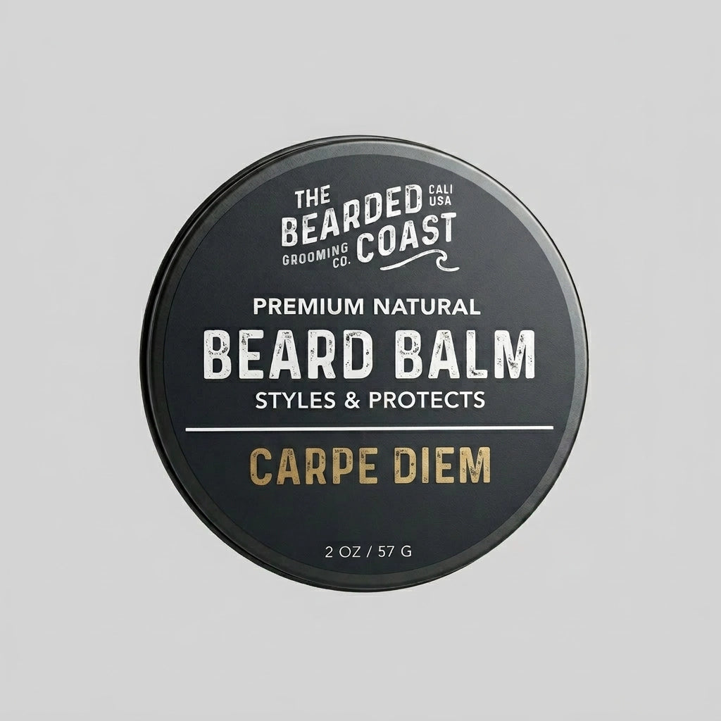 Top-down view of The Bearded Coast Grooming Co. Carpe Diem Premium Natural Beard Balm — a 2 oz / 57g dark charcoal metal tin with gold and white typography on a gray background