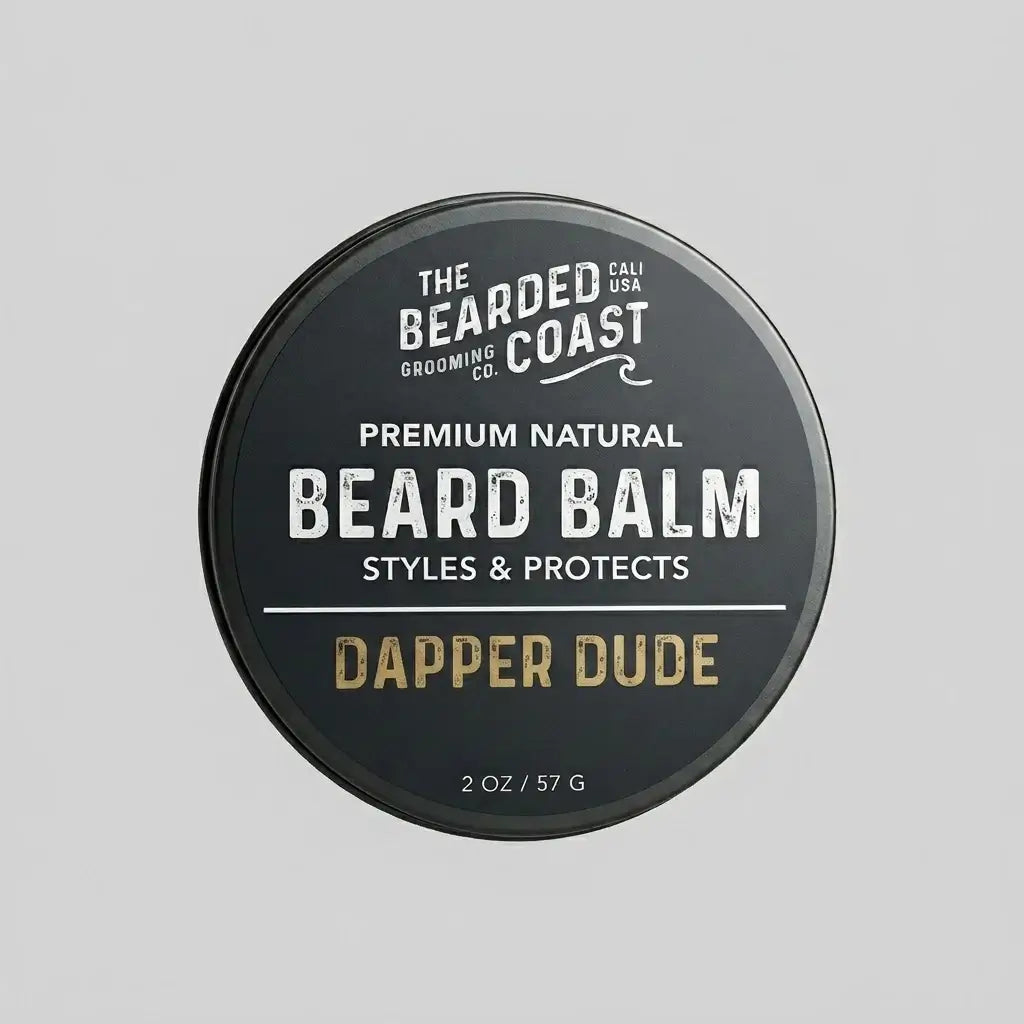 Top-down view of The Bearded Coast Grooming Co. Dapper Dude Premium Natural Beard Balm — a 2 oz / 57g dark charcoal metal tin with gold and white typography on a gray background
