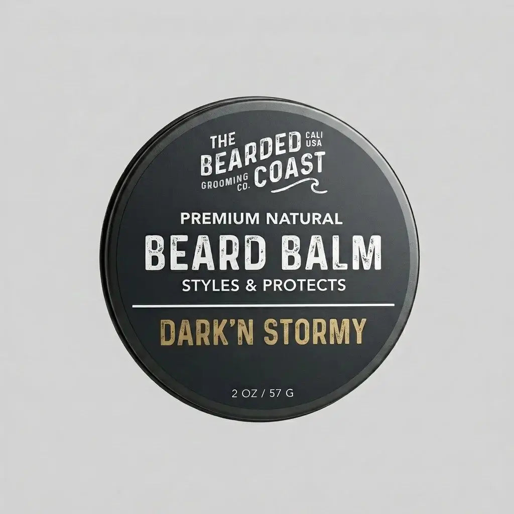 Top-down view of The Bearded Coast Grooming Co. Dark'n Stormy Premium Natural Beard Balm — a 2 oz / 57g dark charcoal metal tin with gold and white typography on a gray background
