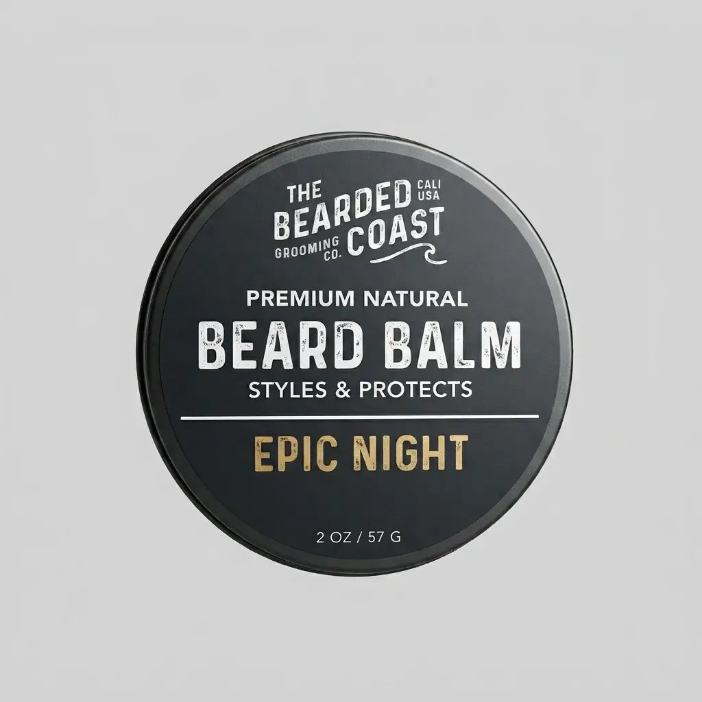 Top-down view of The Bearded Coast Grooming Co. Epic Night Premium Natural Beard Balm — a 2 oz / 57g dark charcoal metal tin with gold and white typography on a gray background