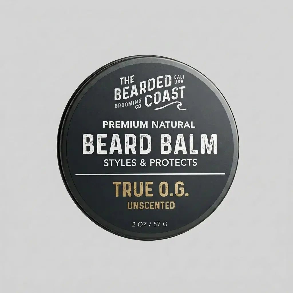 Top-down view of The Bearded Coast Grooming Co. True O.G. Premium Natural Beard Balm — a 2 oz / 57g dark charcoal metal tin with gold and white typography on a gray background