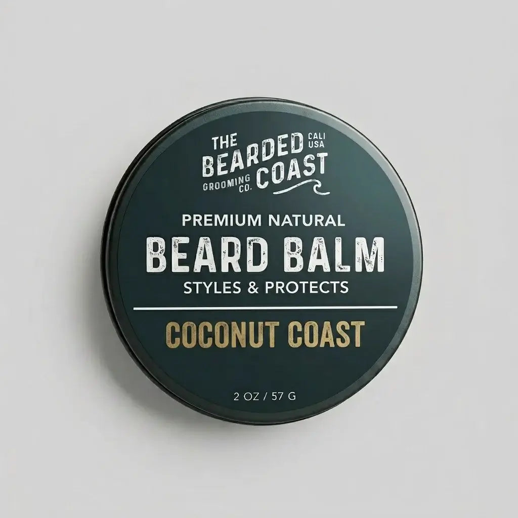 Coconut Coast Beard Balm - Toasted Coconut, Driftwood, Sea Salt, Lime in round tin by The Bearded Coast.