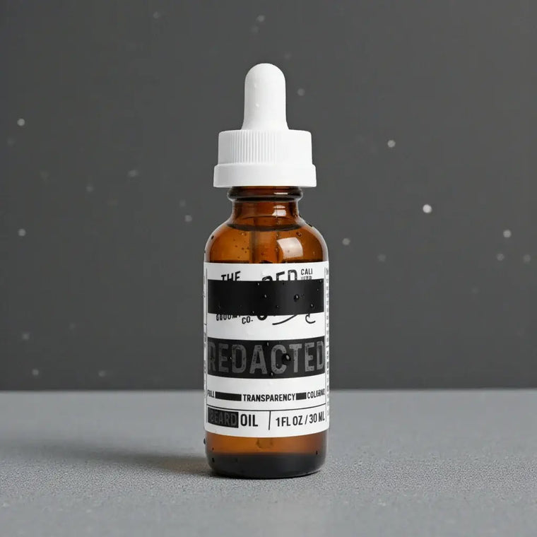 Amber dropper bottle of “Redacted” beard oil with white label and cap, Full Transparency Cologne scent, on gray speckled background.