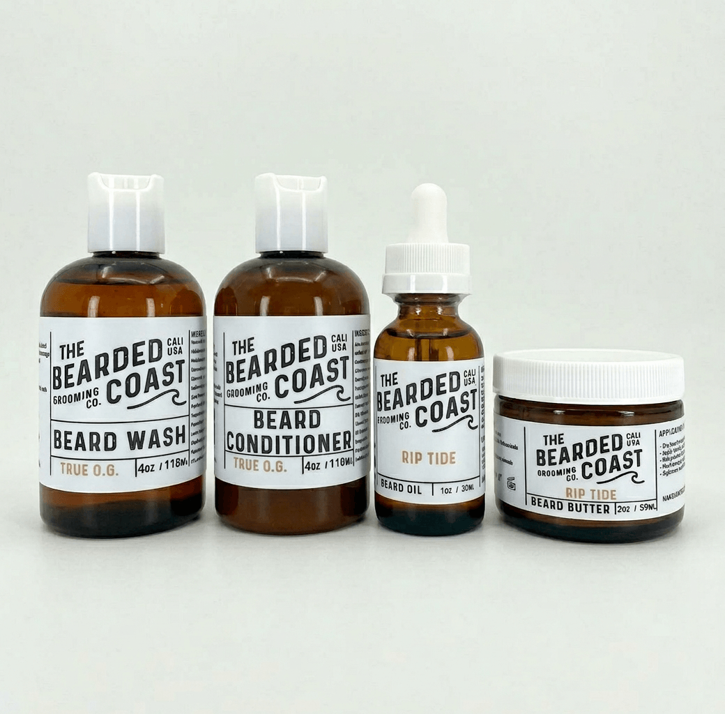 Bearded Coast Rip Tide Complete Beard Kit featuring four amber glass and plastic bottles — Beard Wash 4oz, Beard Conditioner 4oz, Unscented Beard Oil 1oz, and Beard Butter 2oz — with white labels on a clean light gray background