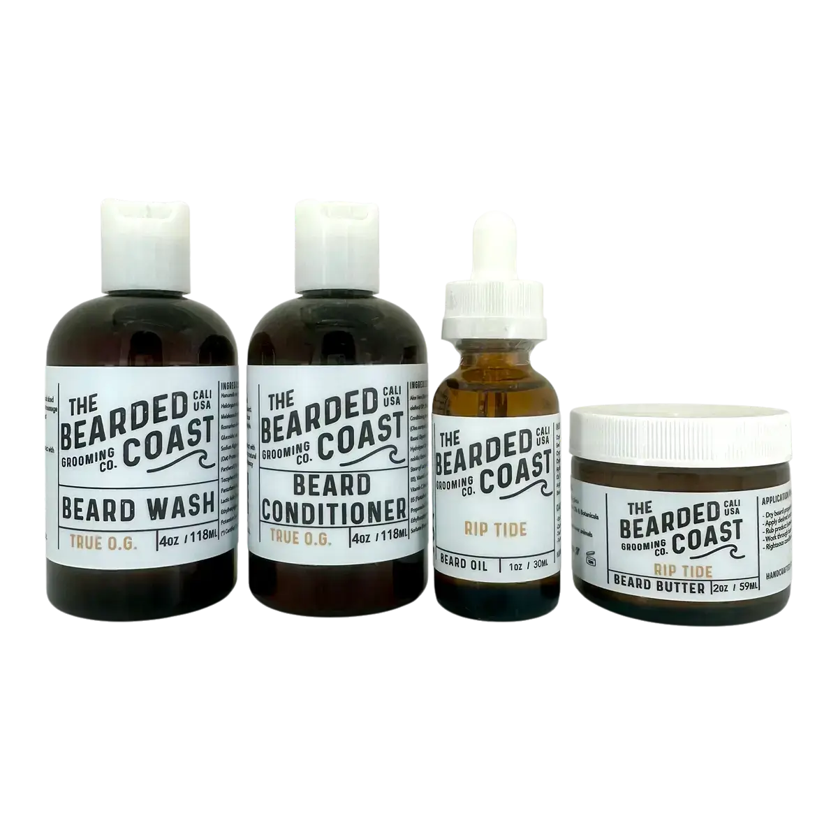 Full Rip Tide beard care kit including beard wash, conditioner, beard oil, and beard butter from The Bearded Coast.
