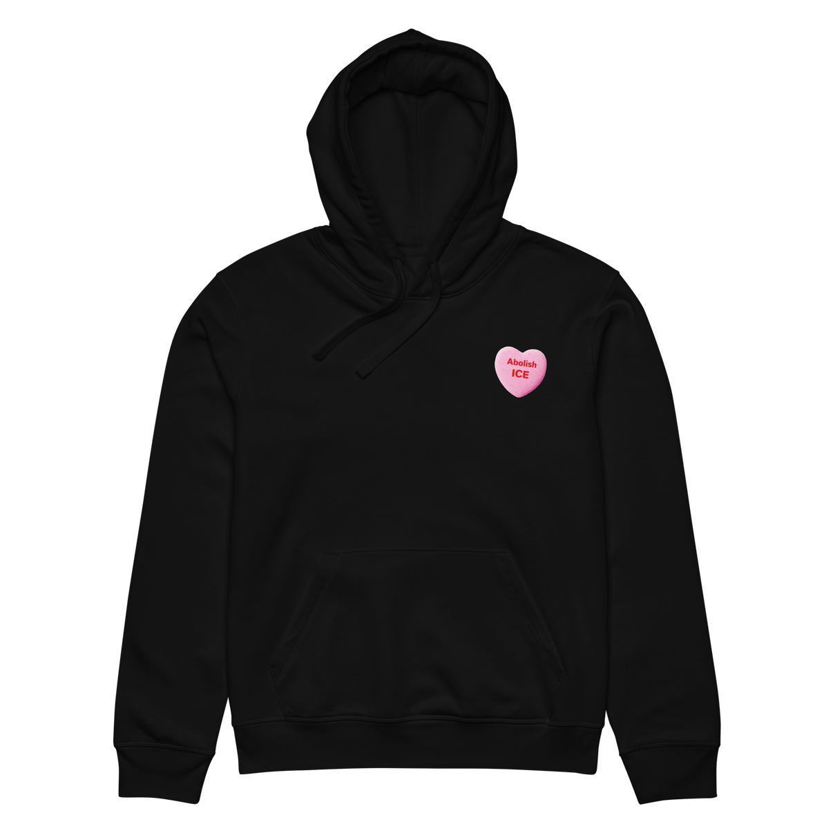 Abolish ICE candy heart all-gender organic mid-weight hoodie in black with pink heart design.