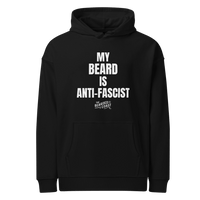 Black hoodie with bold white text reading “MY BEARD IS ANTI-FASCIST” and Bearded Coast logo underneath.