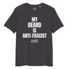 Anti-Fascist all gender organic ribbed neck t-shirt in black featuring bold white text.