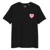 Abolish ICE Candy Heart all gender organic ribbed neck t-shirt in black with pink heart graphic.