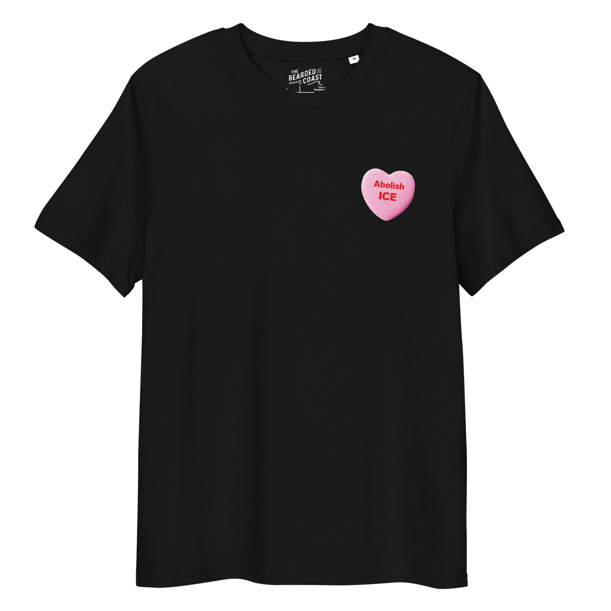 Abolish ICE Candy Heart all gender organic ribbed neck t-shirt in black with pink heart graphic.