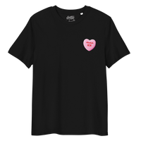 Abolish ICE Candy Heart all gender organic ribbed neck t-shirt in black with pink heart graphic.