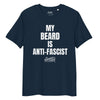 Anti-Fascist all gender organic ribbed neck t-shirt featuring bold text on a navy background.