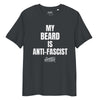 Anti-Fascist all gender organic ribbed neck t-shirt featuring bold text on a black background.