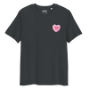 Abolish ICE Candy Heart all gender organic ribbed neck t-shirt in black with pink heart graphic.
