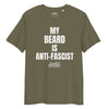 Anti-Fascist all gender organic ribbed neck t-shirt in olive green with bold white text.