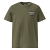 Radical Left Scum Club all gender organic ribbed neck t-shirt in olive green with a bold graphic design.