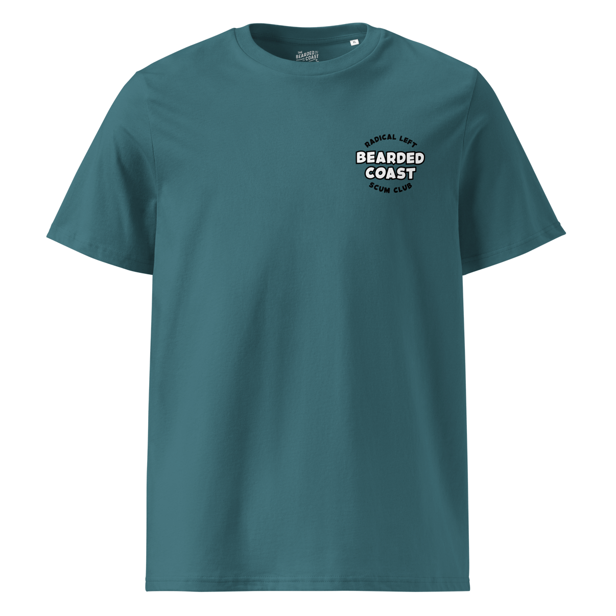 Radical Left Scum Club all gender organic ribbed neck t-shirt in teal with Bearded Coast logo.